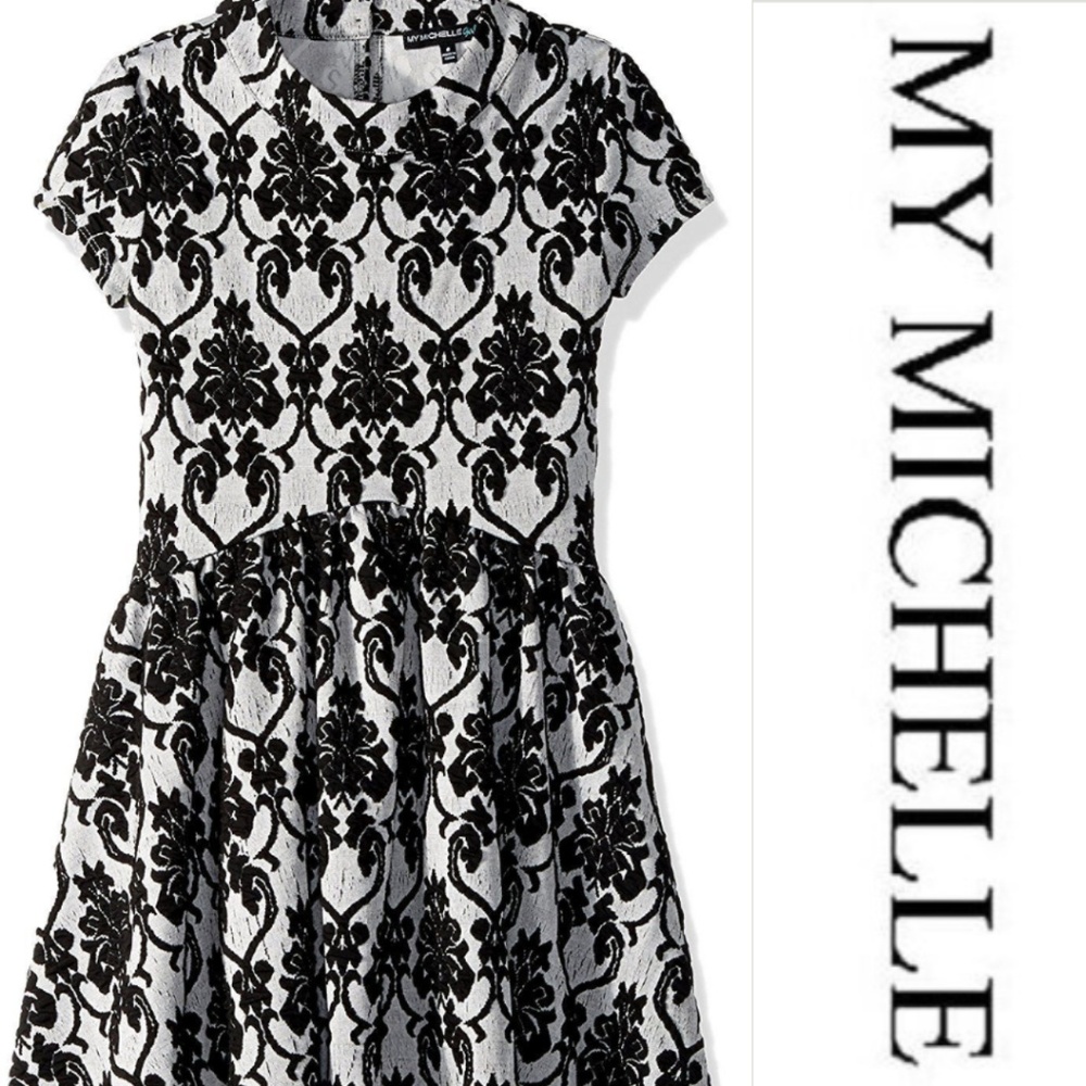 My Michelle Girls Cap Sleeve Jacquard Knit Flare Dress size 7 Black New